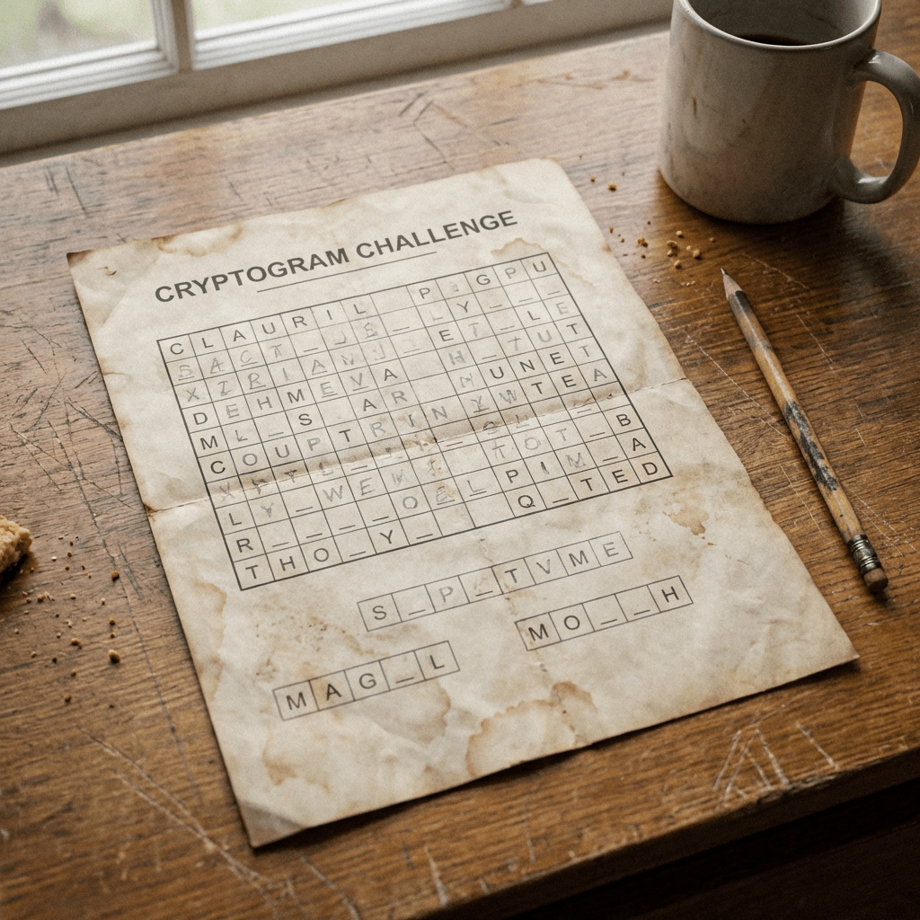CRYPTOGRAM CHALLENGE puzzle on aged paper with letter grid and blanks on a desk.