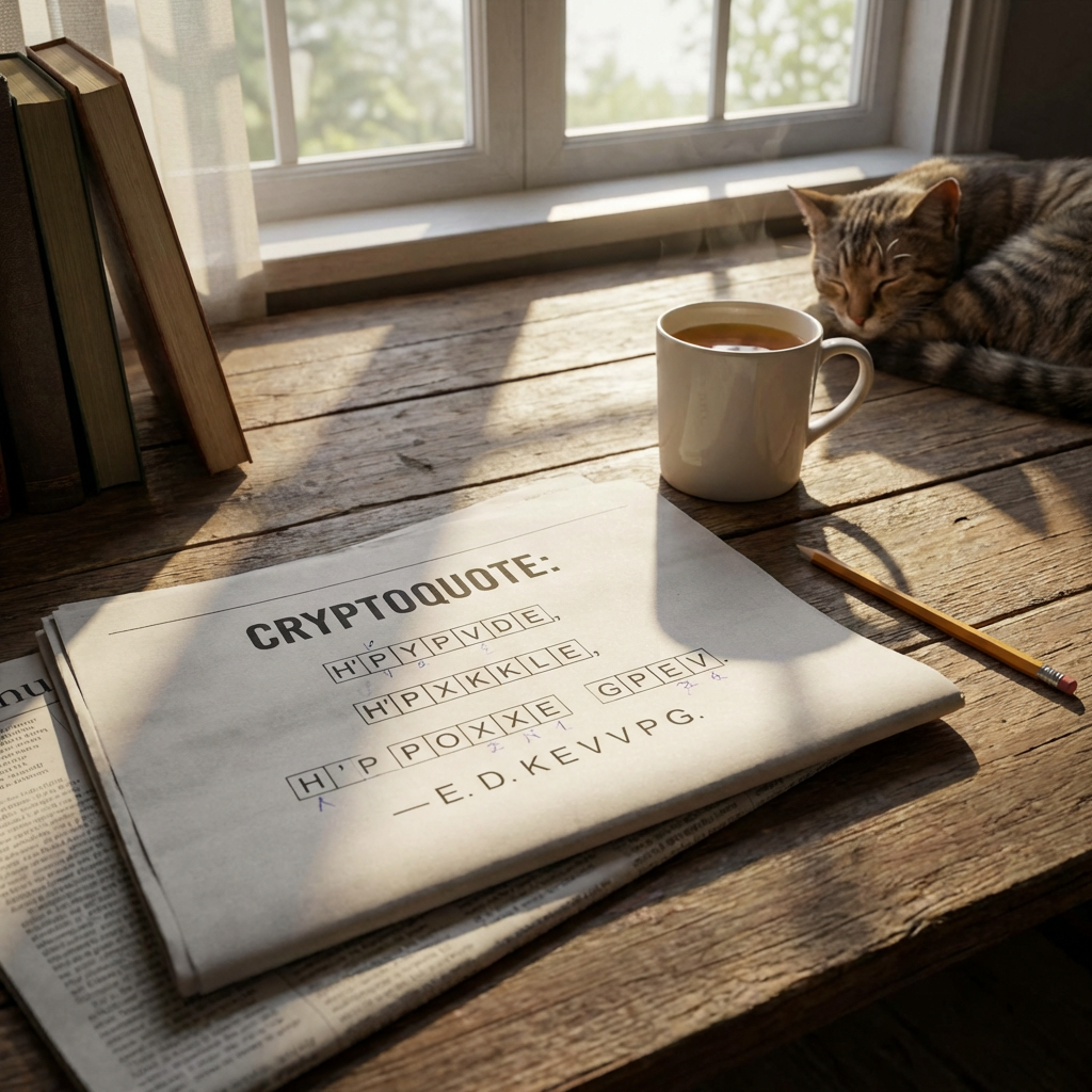 Newspaper with Cryptoquote: H'P YPVDE, H'P XKKLE, H'P POXXE GPEV - E.D. KEVVPG.