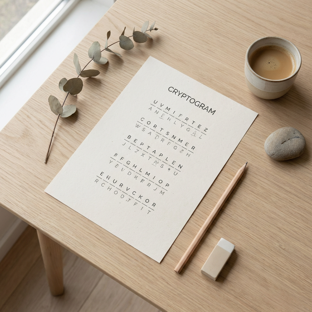 Cryptogram puzzle sheet with letters, pencil, eraser, coffee cup, and eucalyptus branch on table