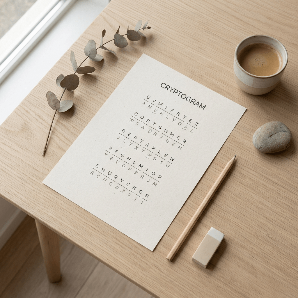 Cryptogram puzzle sheet with letters, pencil, eraser, coffee cup, and eucalyptus branch on table